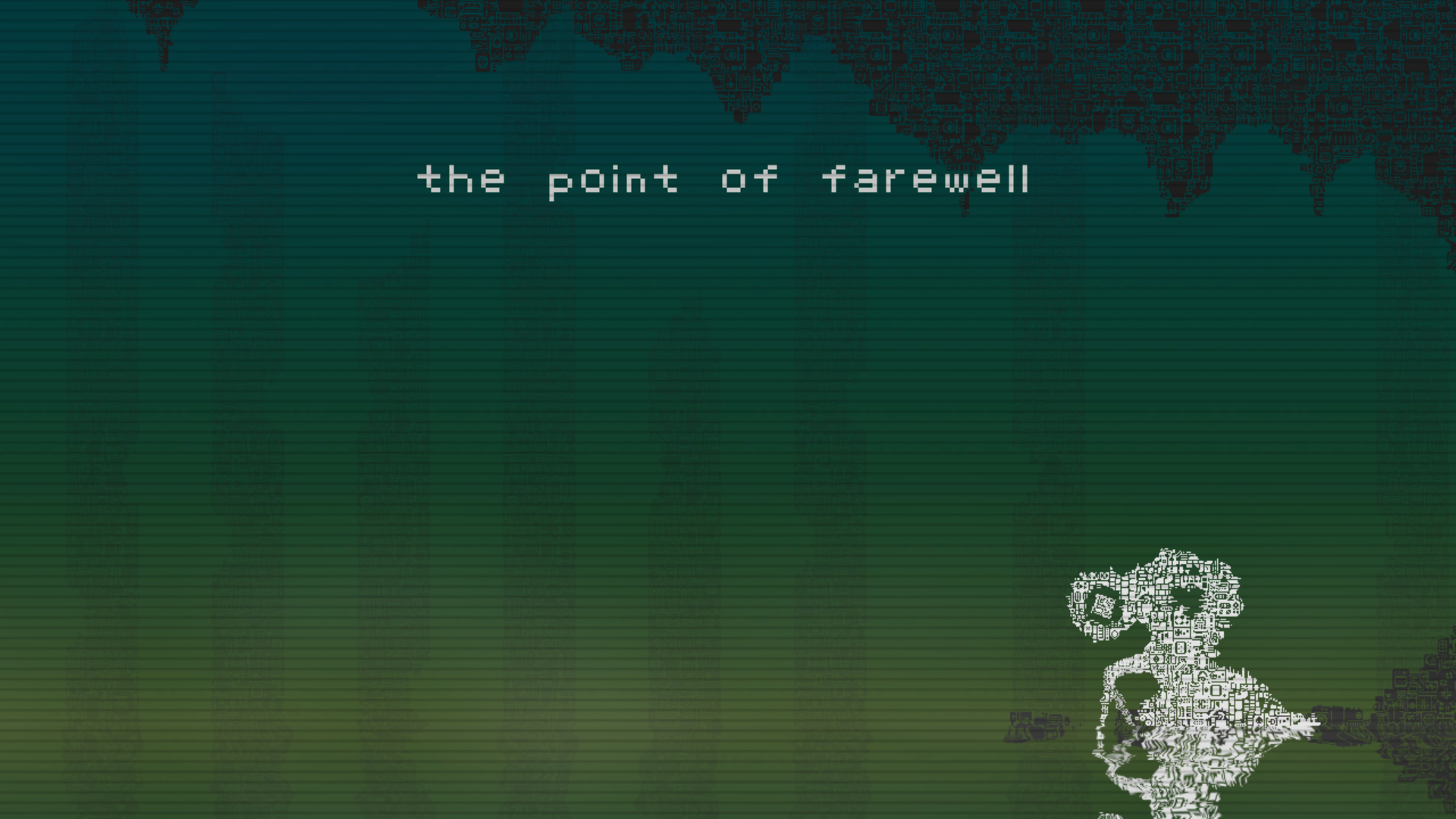 Screenshot of a big robot next to a lake with the phrase: the point of farewell