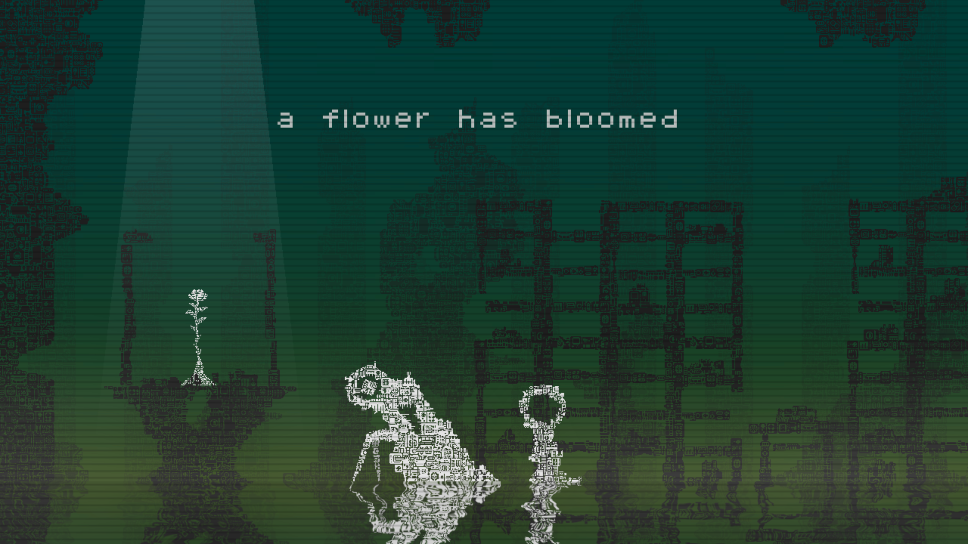 Screenshot of two robots, one big and one small, next to a flower with the phrase: A flower has bloomed