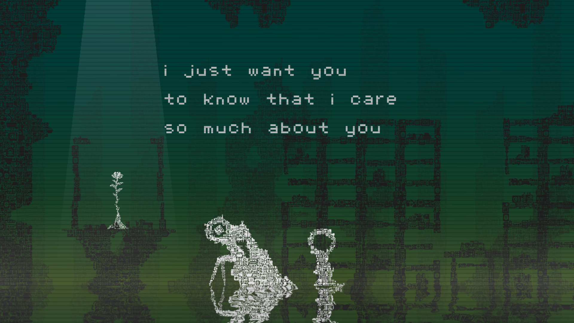 Screenshot of two robots, one big and one small, next to a flower with the phrase: i just want you to know that i care so much about you