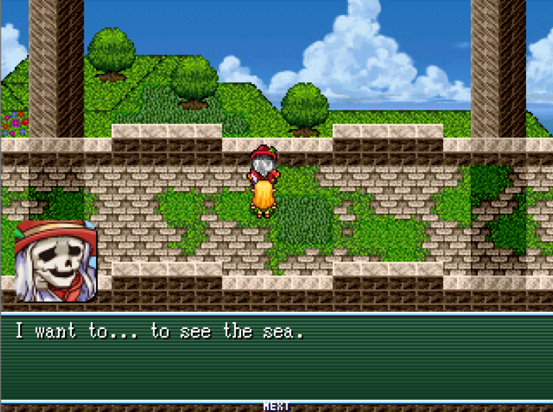 A skeleton dressed in a red attire and a red hat with silver hair says 'I want 
        to... to see the sea.'