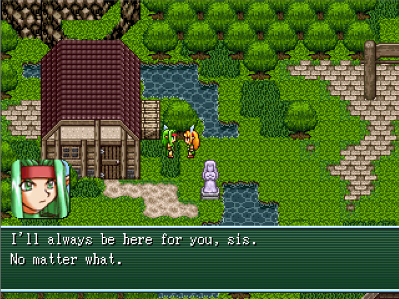 An elf with green hair, green eyes and a red bandana tells to a blonde girl
        'I'll always be there for you, sis. No matter what.'