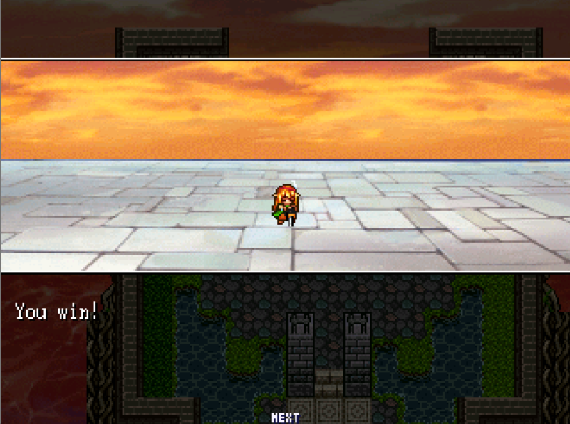 A small blonde girl stand in the middle of a shrine, looking down holding a sword 
        in the stone below her. The caption 'You win!' is writtne across the screen.